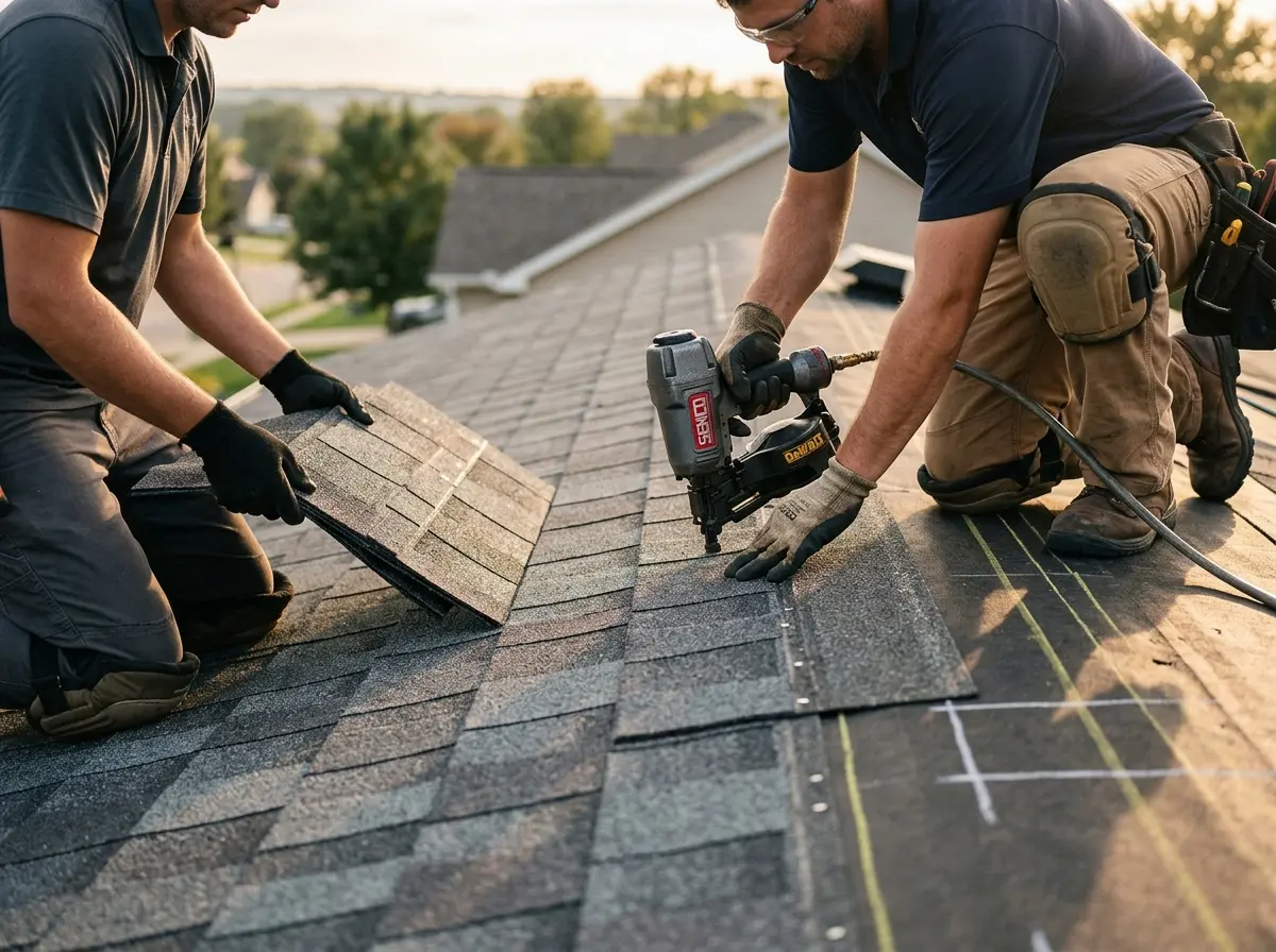 Professional roofer working on a residential roof in Blaine
